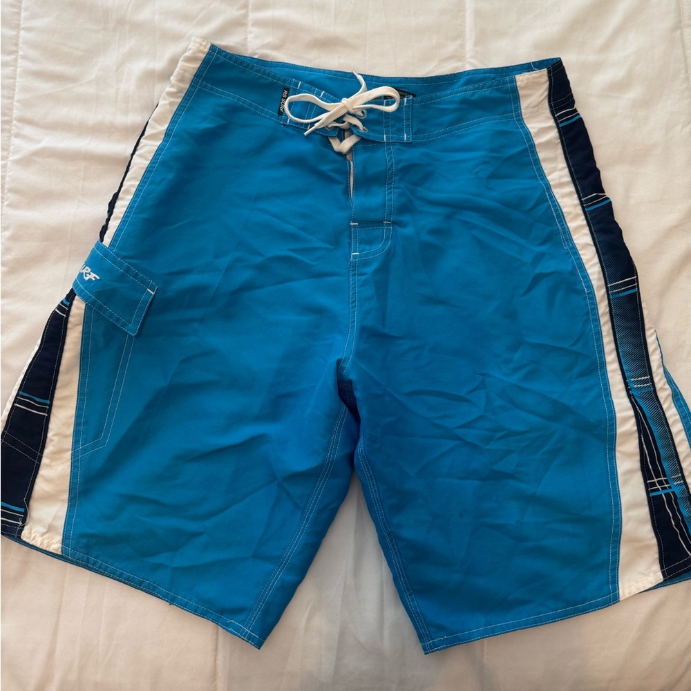 Blue and White Board Shorts with Quick-Dry Fabric